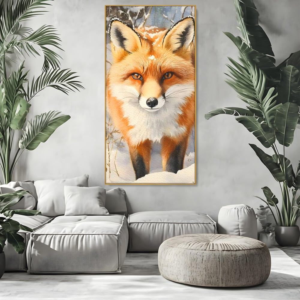 Tablou canvas cu tablou canvas cu vulpe in zapada, in rama de aluminiu auriu, pe perete intr-un living